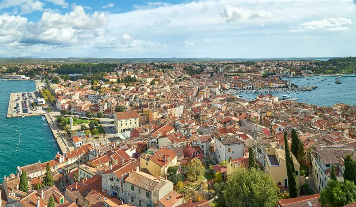 View across Rovinj rooftops and harbour in November